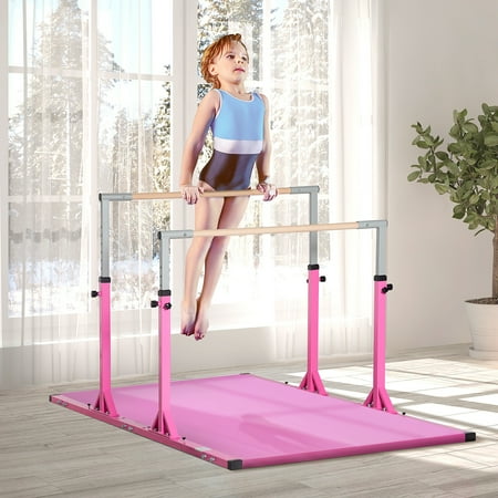 Qaba Double Horizontal Bars, Junior Gymnastic Training Parallel Bars with Double-locking System 13-level 36"-59" Adjustable Heights, 6-level Adjustable Width for Indoor Outdoor, Pink