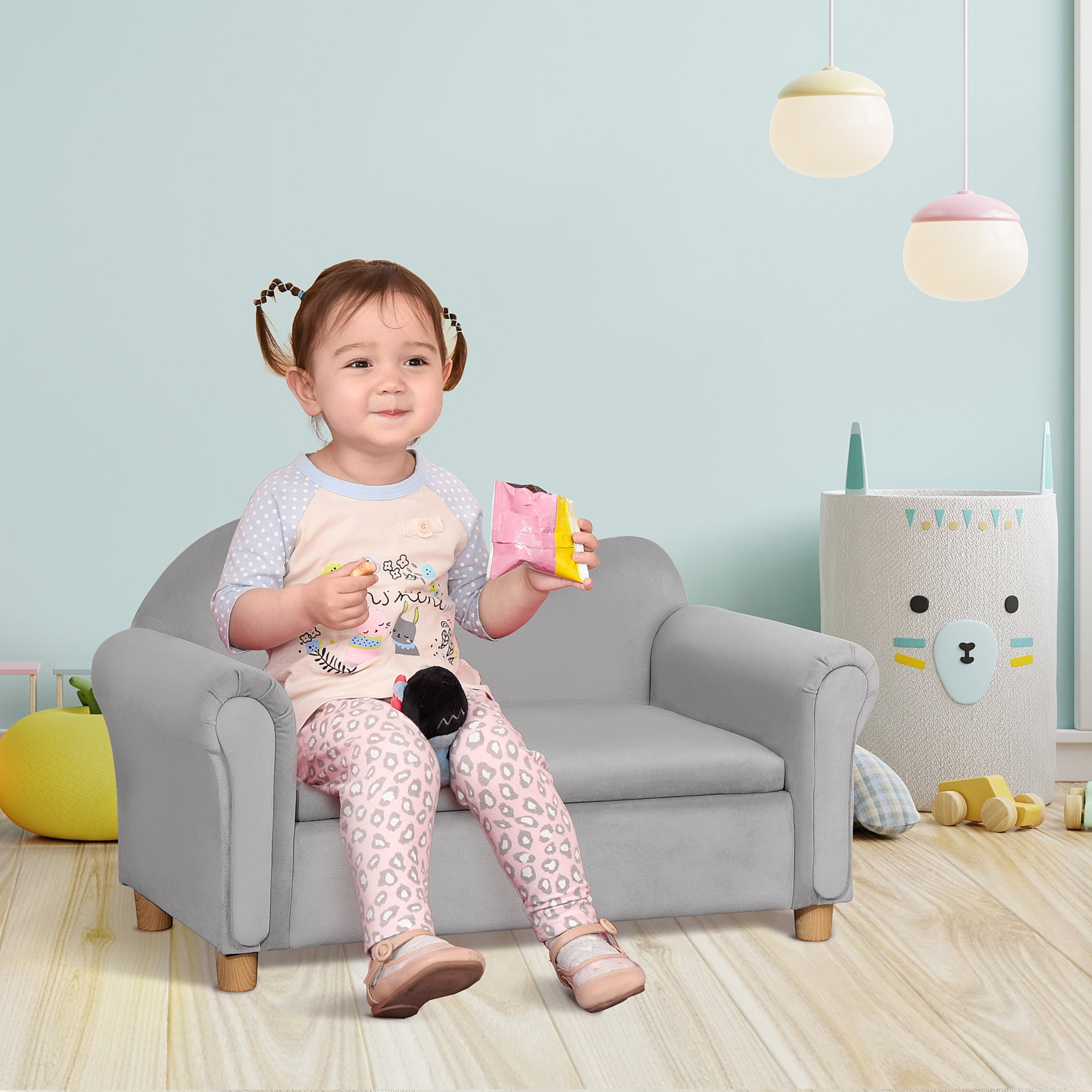 Qaba Ergonomic Foam Kids Sofa with Inner Toy Storage Chest Velvet Kids Couch with Soft Arms Children s Lounge Furniture Gray