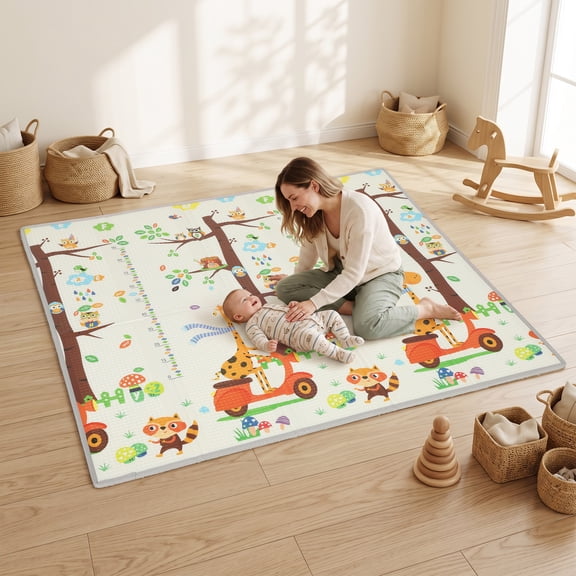 Qaba Foldable & Reversible Baby Play Mat, 79" x 71"Thick Play Mat for Floor, Waterproof Non-Slip Crawling Mat for Toddlers, Giraffe & Woodland Animals