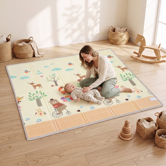 Qaba Foldable & Reversible Baby Play Mat, 79" x 71"Thick Play Mat for Floor, Waterproof Non-Slip Crawling Mat for Toddlers, Forest Animals