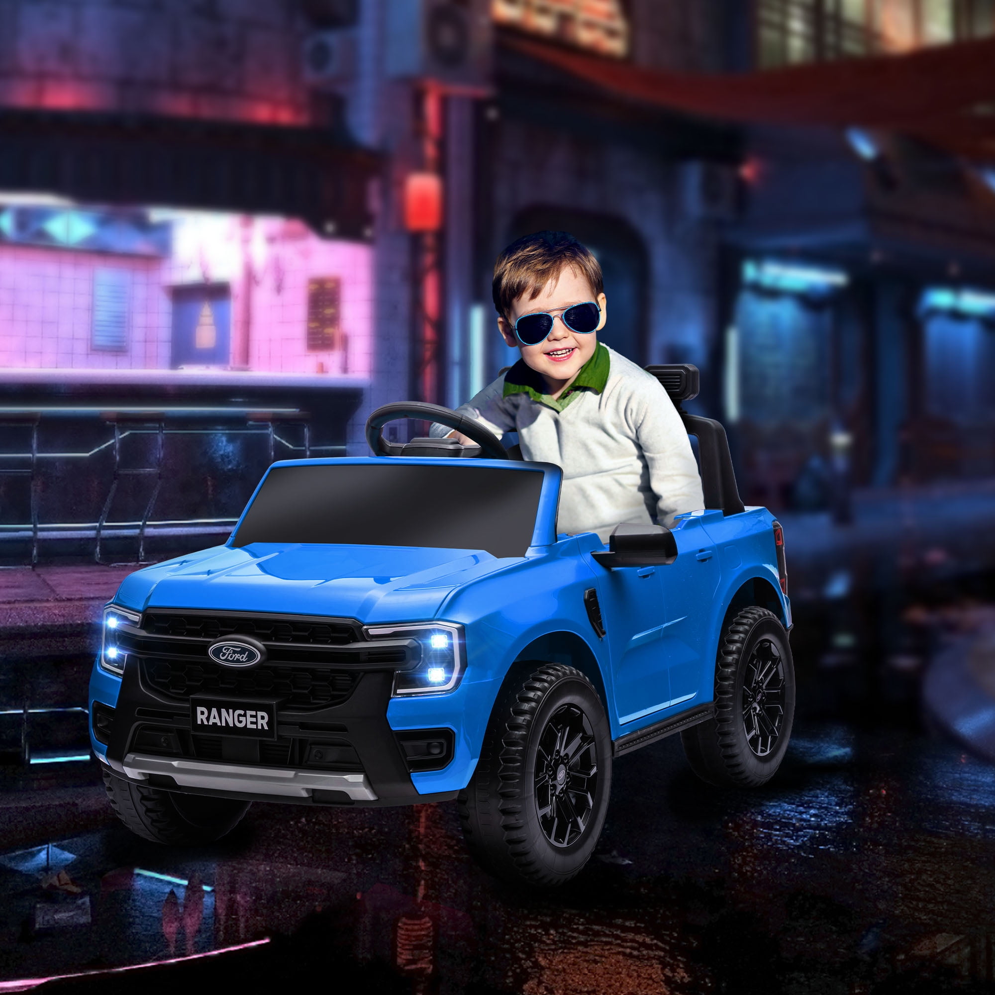 Blue 12V Electric Ride-on Car with Remote Control and LED Headlights
