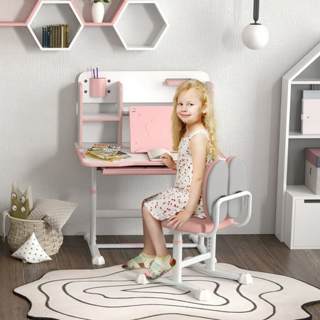 Qaba Height Adjustable Kids Desk and Chair Set w/ Reading Rack, Pink