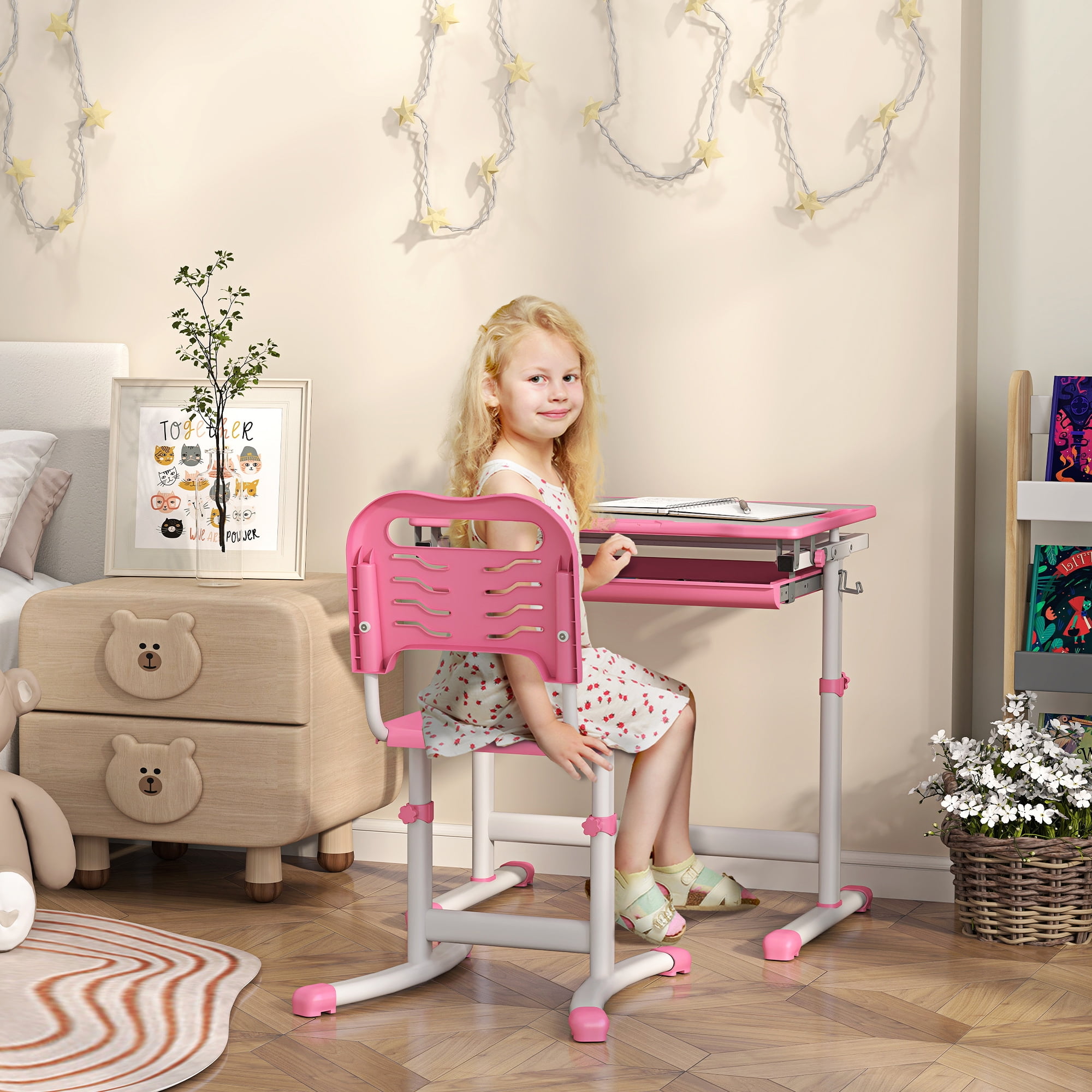 Qaba Height Adjustable Kids Desk and Chairs Set with Tilt Desktop, Pink