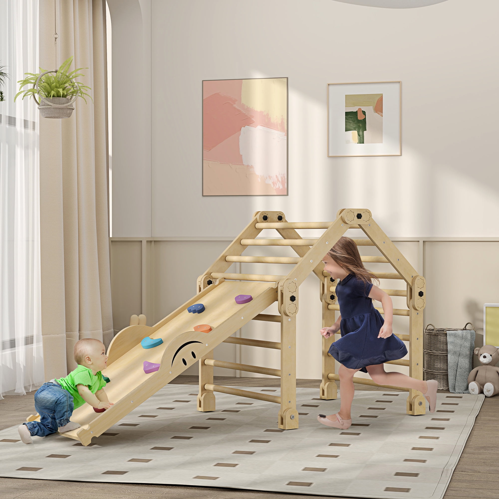 Natural Pinewood Indoor Toddler Climbing Gym with Slide
