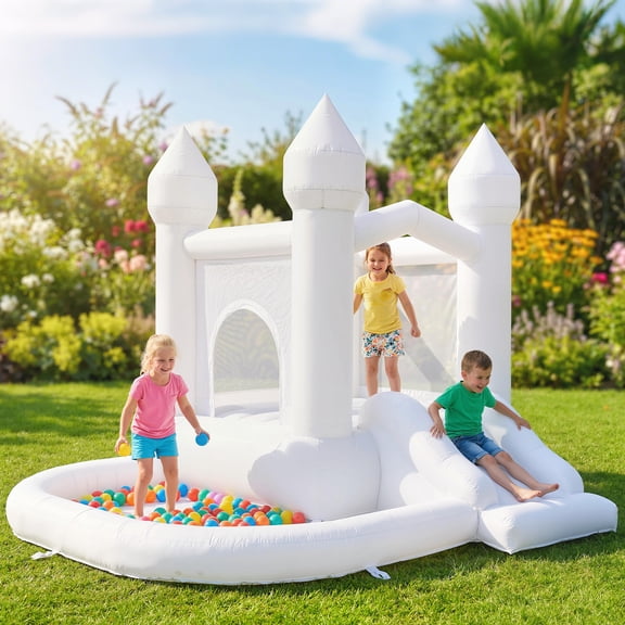 Qaba Inflatable Bounce House, 3-in-1 White Castle Bouncy House with Slide, Ball Pit for Kids 3-8, Indoor Outdoor Bouncy Castle with 370W Blower, White