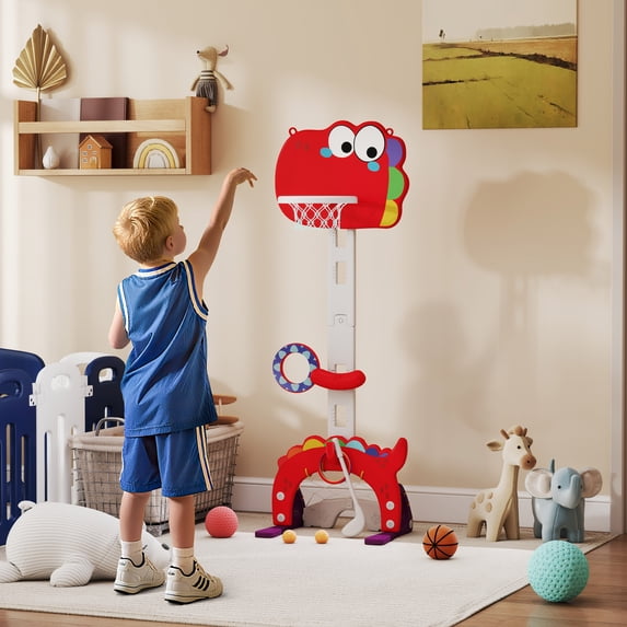 Qaba Kids Basketball Hoop, Adjustable Height 4.4-5 ft Basketball Goal 5 in 1 with Soccer, Golf, Ring Toss, Throw Ball Game Set, for Indoor Use, Red