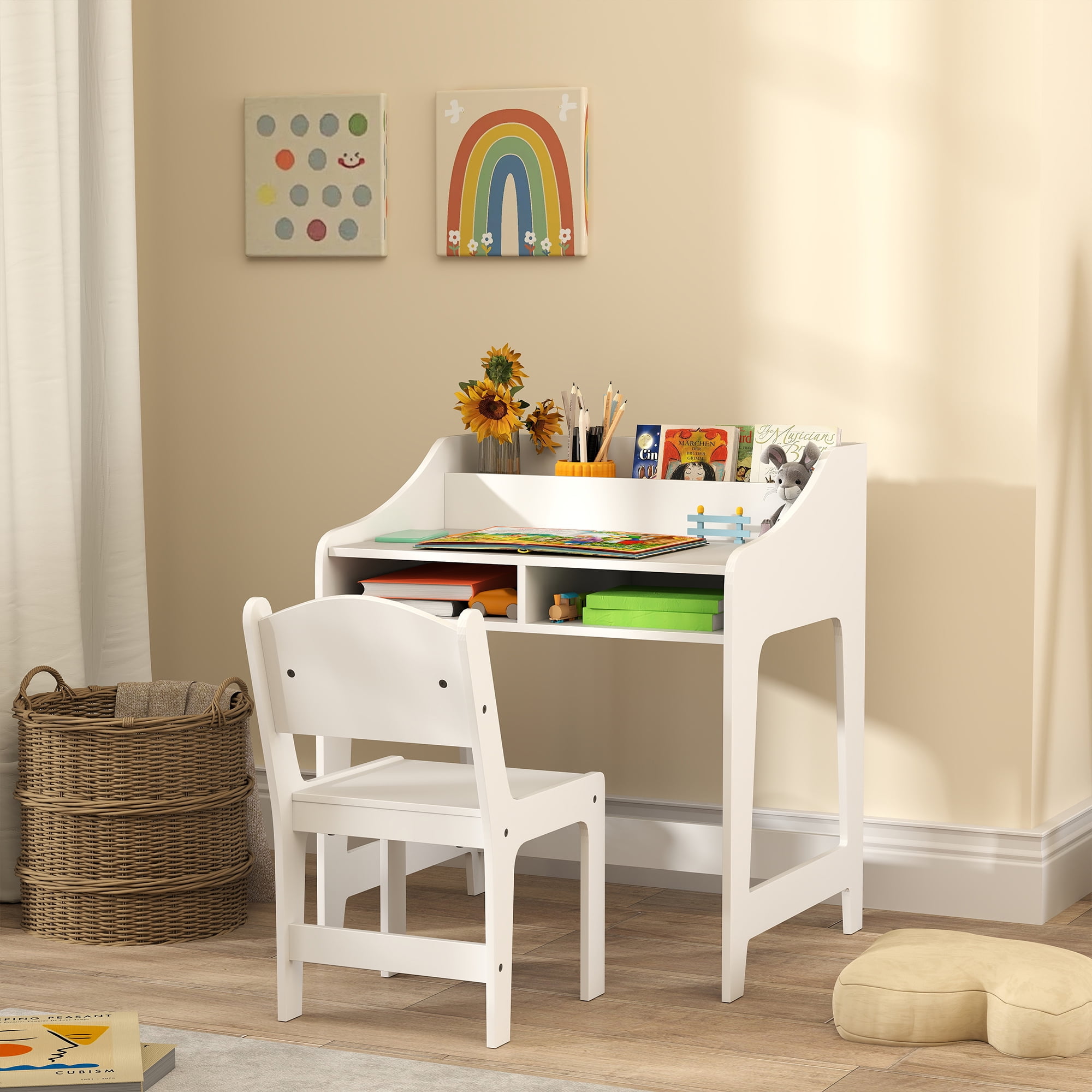 Qaba Kids Desk and Chair Set, Children Study Table with Storage Shelves, Student Writing Desk for Bedroom & Study Room, 3-8 Years Old, White