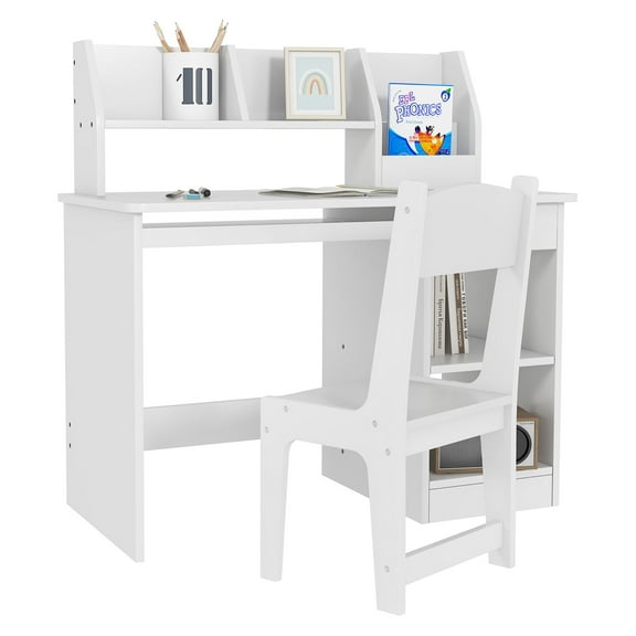 Qaba Kids Desk and Chair Set with Storage, Study Desk with Chair for Children 5-8 Years Old, Gray
