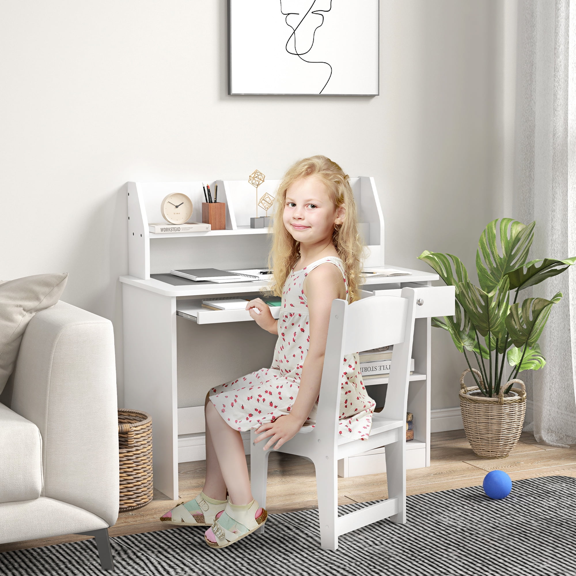 Qaba Kids Desk and Chair Set with Storage, Study Desk with Chair for Children 5-8 Years Old, White