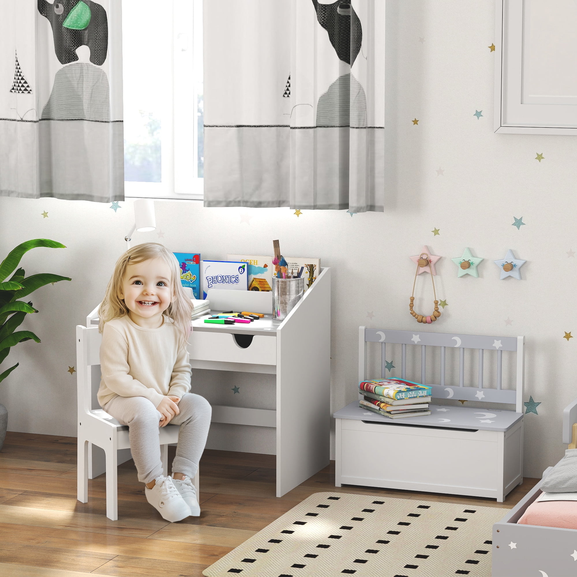 Qaba Kids Desk with Chair Set and Toddler Toy Box Storage Bench for ...