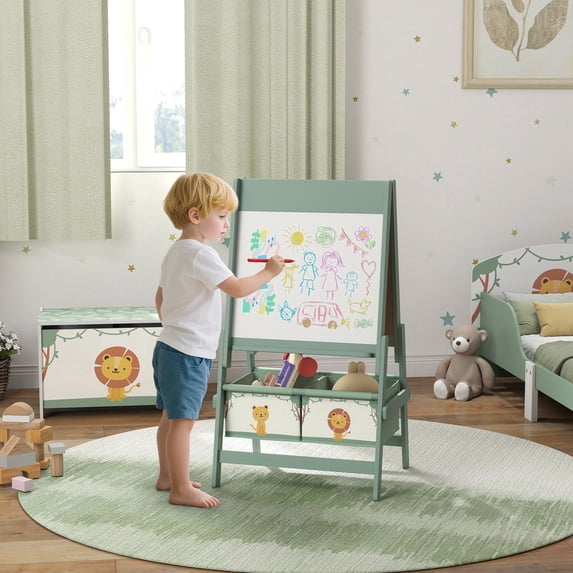 Qaba Kids Easel, 3-in-1 Double-Sided Art Easel with Paper Roll, Whiteboard & Chalkboard, Storage Baskets for Toddlers Ages 3-8, Green