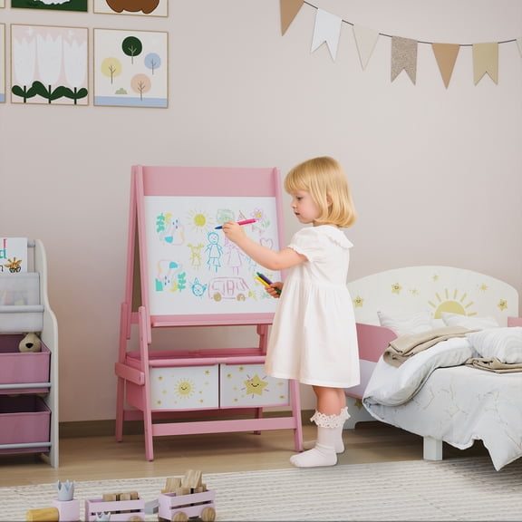 Qaba Kids Easel, 3-in-1 Double-Sided Art Easel with Paper Roll, Whiteboard & Chalkboard, Storage Baskets for Toddlers Ages 3-8, Pink