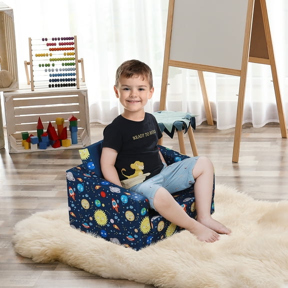 Qaba Kids Fold-Out Couch/Chair Lounger with Space-Themed Washable Fabric & Removable Cushion for 3-6 Years Old, Blue
