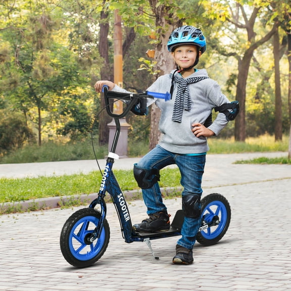 Qaba Kids Kick Scooter, Big Wheel Scooter with Adjustable Handlebar, Rear Brake, Kickstand, Non-slip Footplate, 12" EVA Wheels, for 6-12 Years, Blue