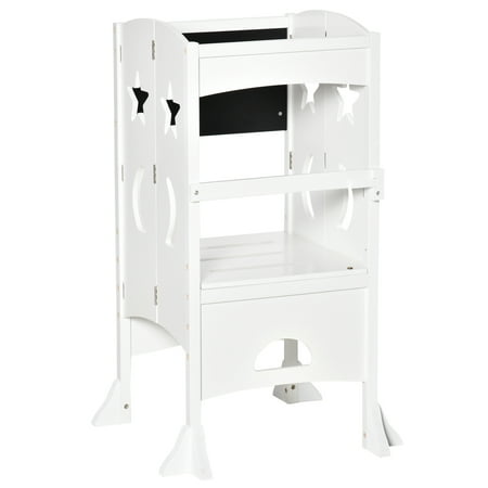 Qaba Kids Kitchen Foldable Toddler Kitchen Stool with Blackboard Lockable Handrail for 3-6 Years old White