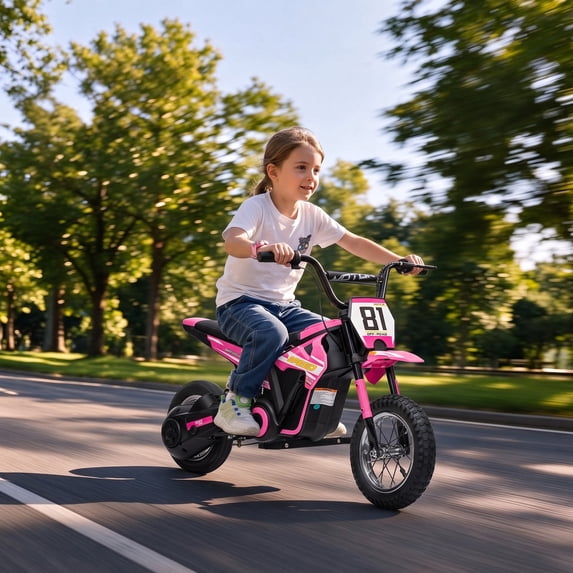 Qaba Kids Motorcycle, 24V Electric Dirt Bike with 250W Motor, Up to 9.9 MPH, 12" Inflatable Tires and Rear Suspension, for 8-12 Years Old, Pink