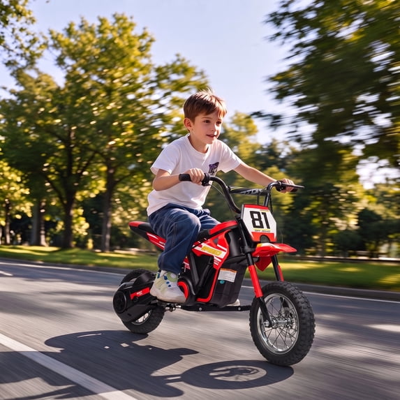 Qaba Kids Motorcycle, 24V Electric Dirt Bike with 250W Motor, Up to 9.9 MPH, 12" Inflatable Tires and Rear Suspension, for 8-12 Years Old, Red