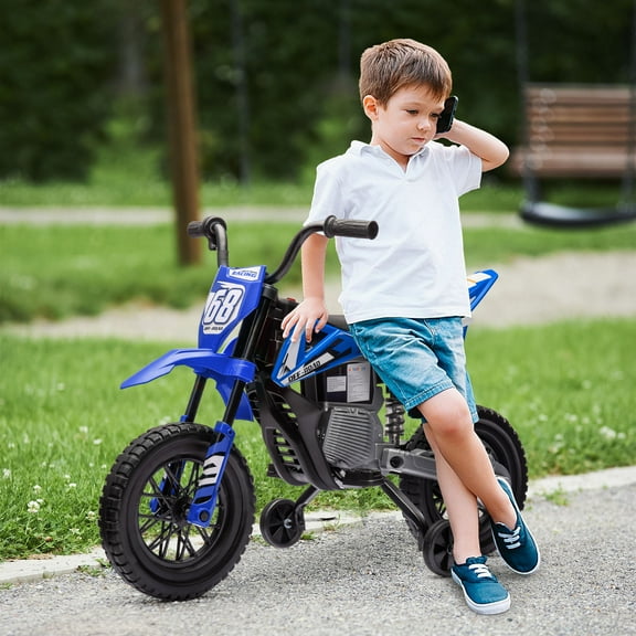 Qaba Kids Motorcycle with Twist Grip Throttle, 12V Electric Motorcycle with Training Wheels, Rear Suspension & Music, Blue