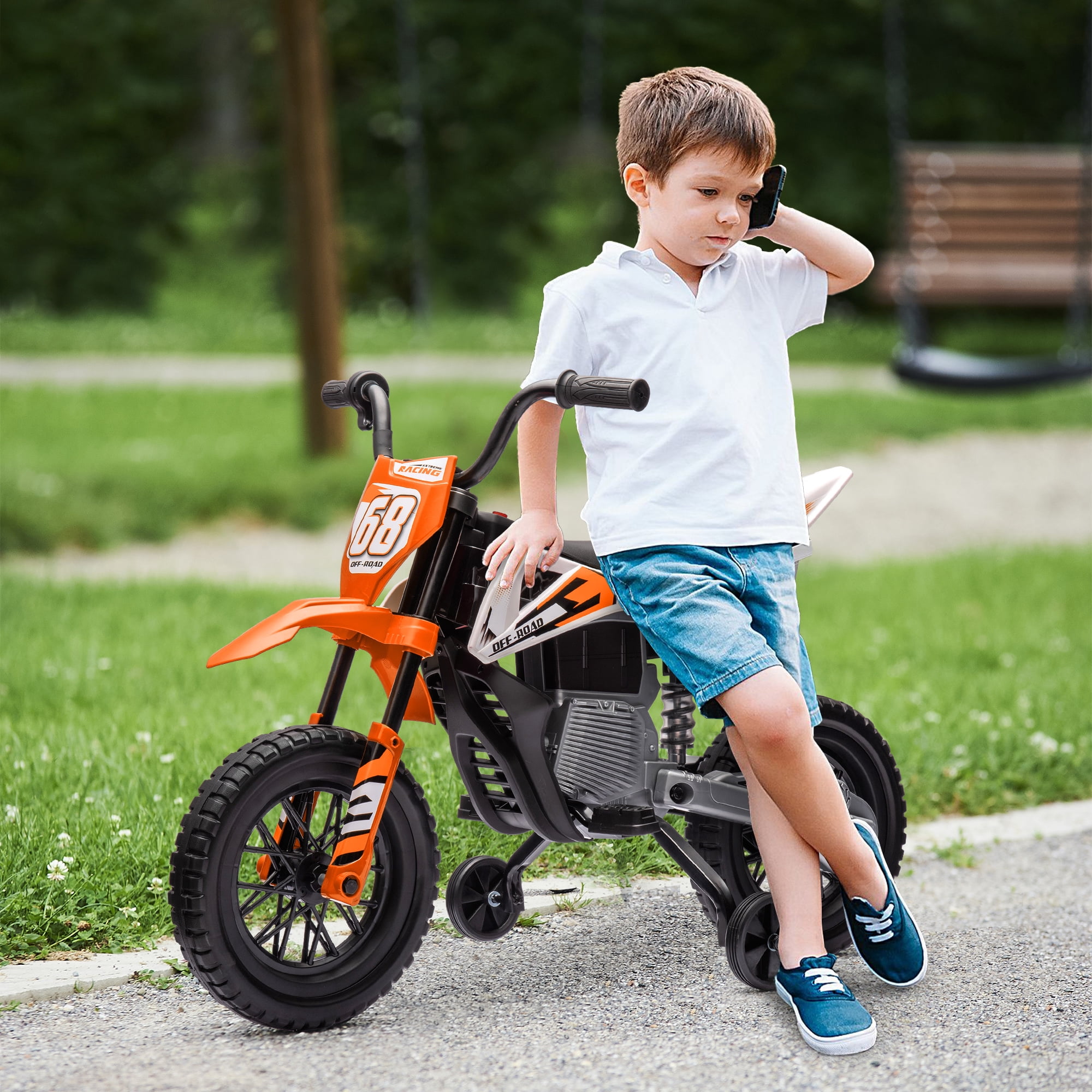 Qaba Kids Motorcycle with Twist Grip Throttle, 12V Electric Motorcycle with Training Wheels, Rear Suspension & Music, Orange