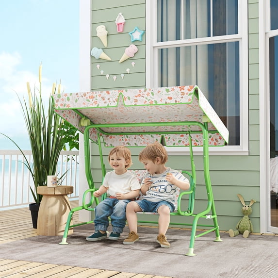 Qaba Kids Patio Swing, 2-Seater Outdoor Porch Swing Bench with Adjustable Canopy, Safety Belt for Patio, Garden, Poolside, Balcony, Green