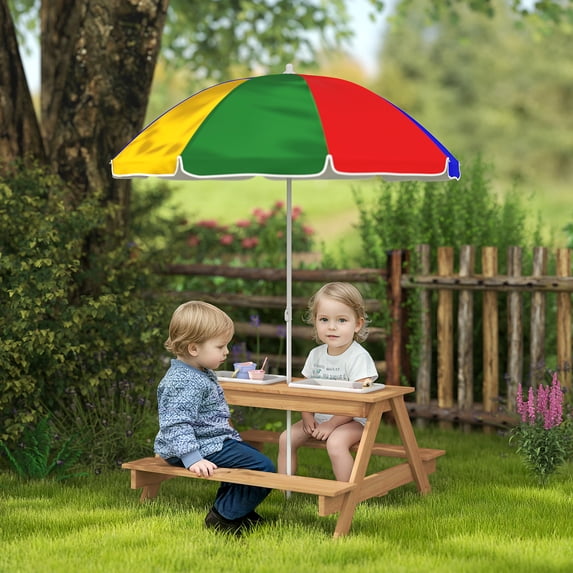Qaba Kids Picnic Table, Wooden Outdoor Table & Bench Set with Removable Umbrella for Patio, Backyard, Mixed Color