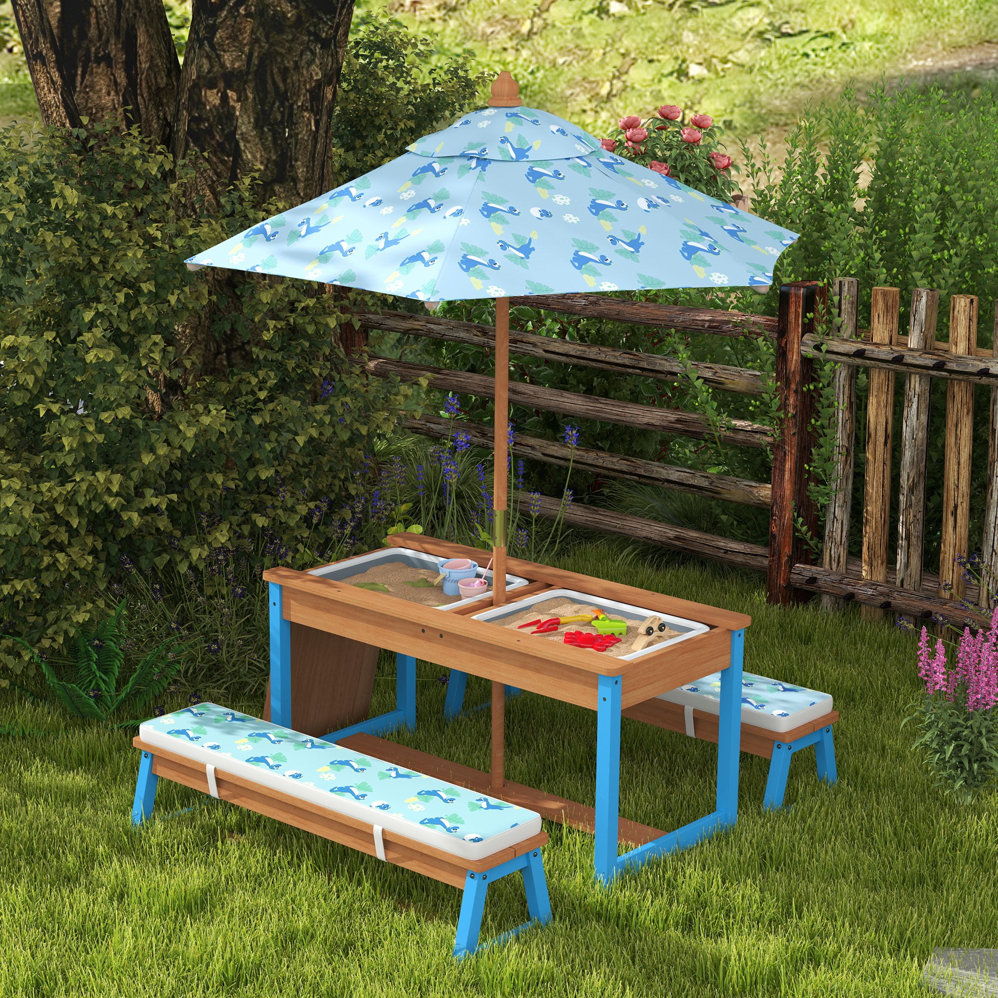 Qaba Kids Picnic Table, Wooden Table and Bench Set with Foldable ...