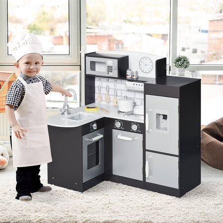 Qaba Kids Play Kitchen Set Pretend Wooden Cooking Toy Set with Drinking Fountain, Microwave, Fridge and Accessories for Age 3 Years, Black