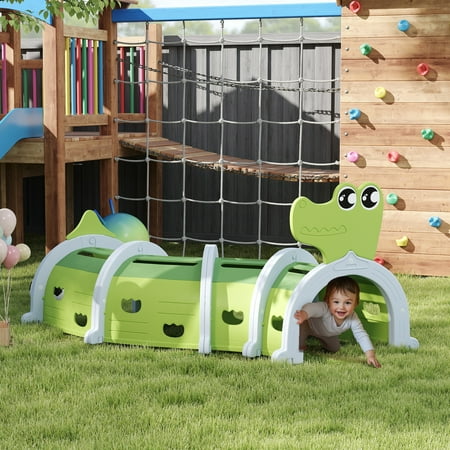 Qaba Kids Play Tunnel, Toddler Tunnel for Kids to Crawl Through, Crocodile Design Kids Tunnel for Indoor or Outdoor Playground, 76" Long, Green