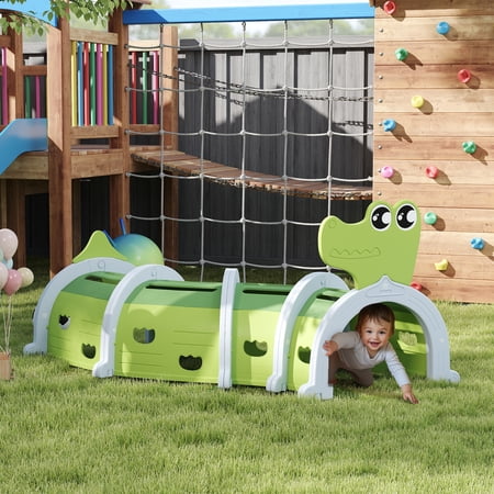 Qaba Kids Play Tunnel, Toddler Tunnel for Kids to Crawl Through, Crocodile Design Kids Tunnel for Indoor or Outdoor Playground, 76" Long, Green