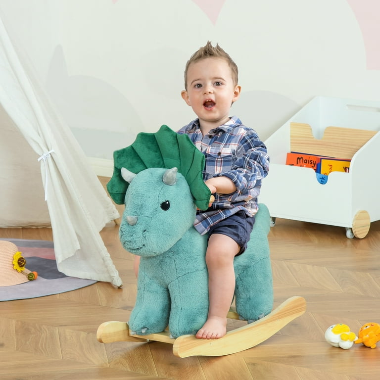 Qaba Kids Plush Ride On Rocking Triceratops Dinosaur for Toddlers with Sounds 36 72 Months Dark Green Walmart