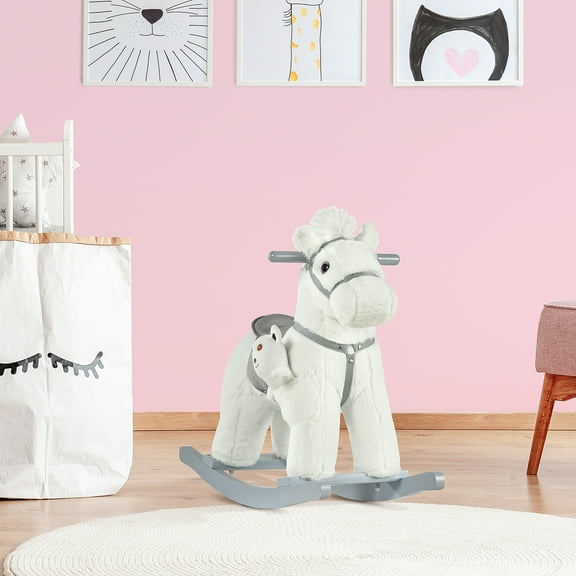Qaba Kids Plush Ride-On Rocking Horse with Bear Toy, Children Chair with Soft Plush Toy & Fun Realistic Sounds, White