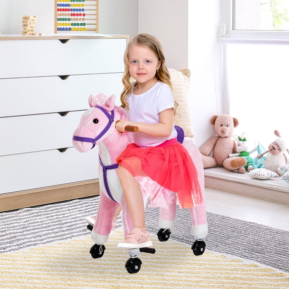 Qaba Kids Plush Ride On Toy Walking Horse with Wheels and Realistic Sounds, 30"H, Pink