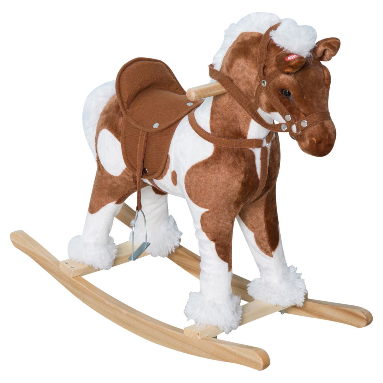 Spring Rocking Horse Plush Ride on Toy with Adjustable Foot Stirrups and Sounds for Toddlers to