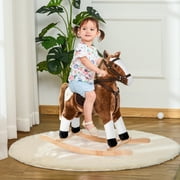 Qaba Kids Plush Toy Rocking Horse Pony Toddler Ride on Animal for Girls Pink Birthday Gifts with Realistic Sounds, Brown