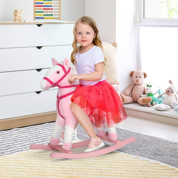 Qaba Kids Plush Toy Rocking Horse Pony Toddler Ride on Animal for Girls Pink Birthday Gifts with Realistic Sounds, Pink