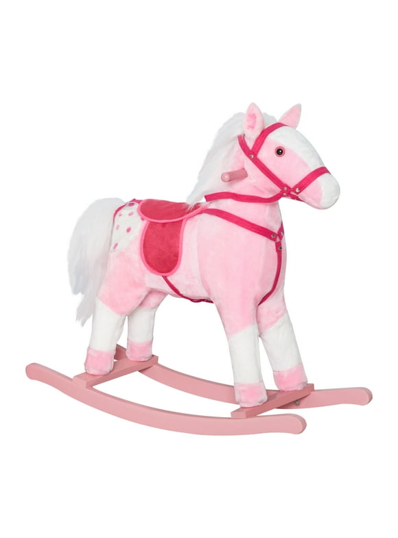 Qaba Kids Plush Toy Rocking Horse Pony Toddler Ride on Animal for Girls Pink Birthday Gifts with Realistic Sounds, Pink
