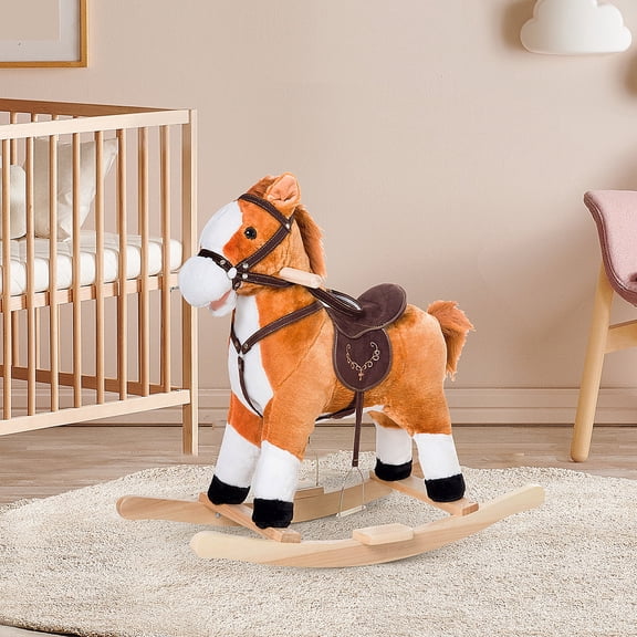 Qaba Kids Plush Rocking Horse Ride On Toy with Realistic Horse Sounds, Soft Plush Body, Saddle and Footrest, Brown