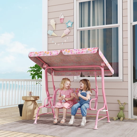 Qaba Kids Porch Swing, 2-Seater Outdoor Patio Swing with Safety Belt and Adjustable Canopy for Backyard Garden Balcony Poolside, Pink