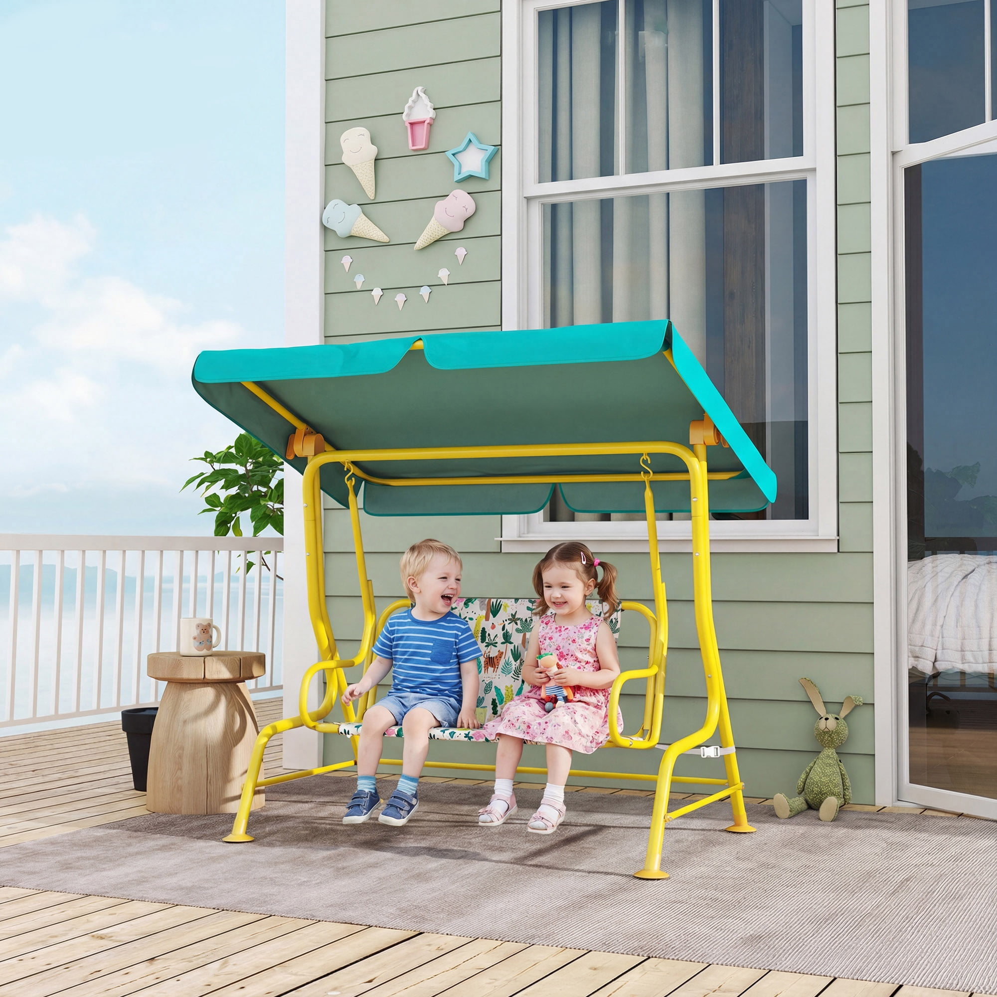 Qaba Kids Porch Swing, 2-Seater Patio Swing Bench Hammock with Safety