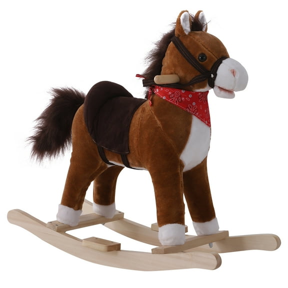 Qaba Kids Ride On Rocking Horse Plush Toy with Realistic Sounds and Red Scarf for Over 3 Years Old Birth Gift,Brown Plush Toys Kids Bikes Riding Toys