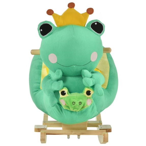 Qaba Kids Ride-On Rocking Horse Toy Frog Style Rocker with Fun Music,Seat Belt & Soft Plush Fabric Hand Puppet for Children 18-36 Months,Green Plush Toys Kids Bikes Riding Toys
