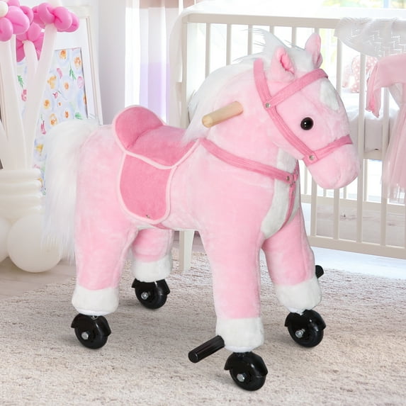 Qaba Kids Ride on Walking Horse Pony Plush Walking Animal with Wheels and Realistic Sounds for 3 Years Old Children - Pink