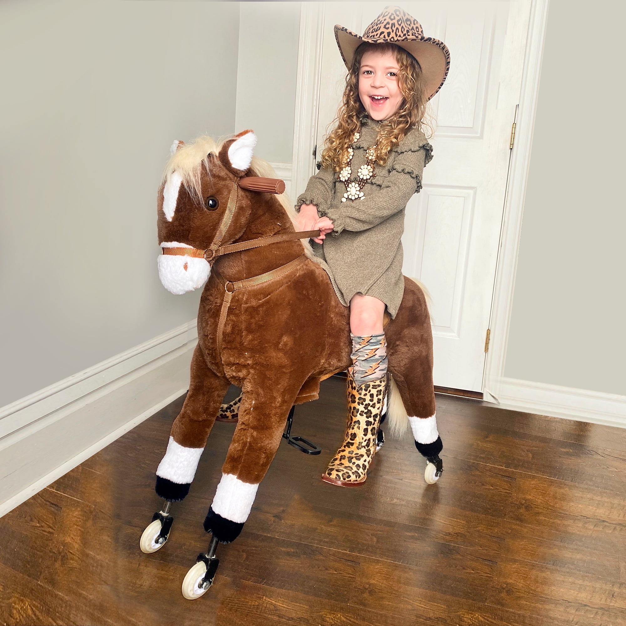 Qaba Kids Ride-on Walking Brown Horse Toy Pony for Toddlers & Babies ...