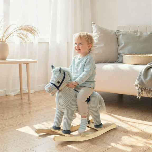 Qaba Kids Rocking Horse, Plush Ride on Horse, Toddler Rocker for 36-72 Months Boys and Girls with Realistic Sounds, Gray