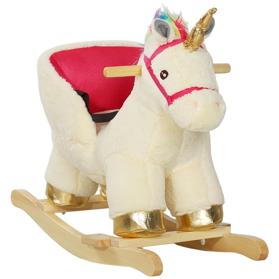 Qaba Kids Rocking Horse Ride On Unicorn with Realistic Sounds and Safety Belt, Plush Animal Rocker for Toddlers 18-36 Months, Cream White