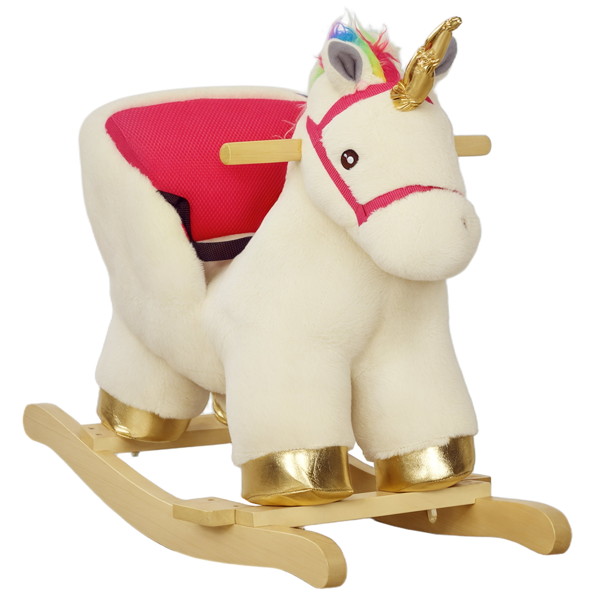 Qaba Kids Rocking Horse,Ride On Unicorn with Realistic Sounds,Safety Belt & Wooden Base,Plush Animal Rocker for Toddlers 18-36 Months,Cream White,Cream White Polyester Toys Kids Bikes Riding Toys
