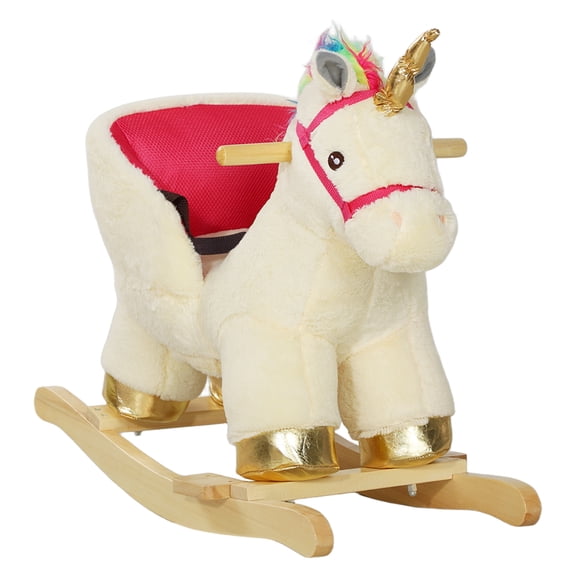 Qaba Kids Rocking Horse, Ride on Unicorn with Realistic Sounds, Safety Belt & Wooden Base, Plush Animal Rocker for Toddlers 18-36 Months, Cream White