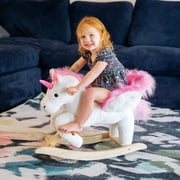 Qaba Kids Rocking Horse, Plush Unicorn Ride-On Toy with Lullaby Sound, Wooden Base, Toddler Rocking Chair with Safety Handles and Footrests, Pink and White, 18-36 Months