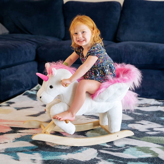 Qaba Kids Rocking Horse, Plush Unicorn Ride-On Toy with Lullaby Sound, Wooden Base, Toddler Rocking Chair with Safety Handles and Footrests, Pink and White, 18-36 Months