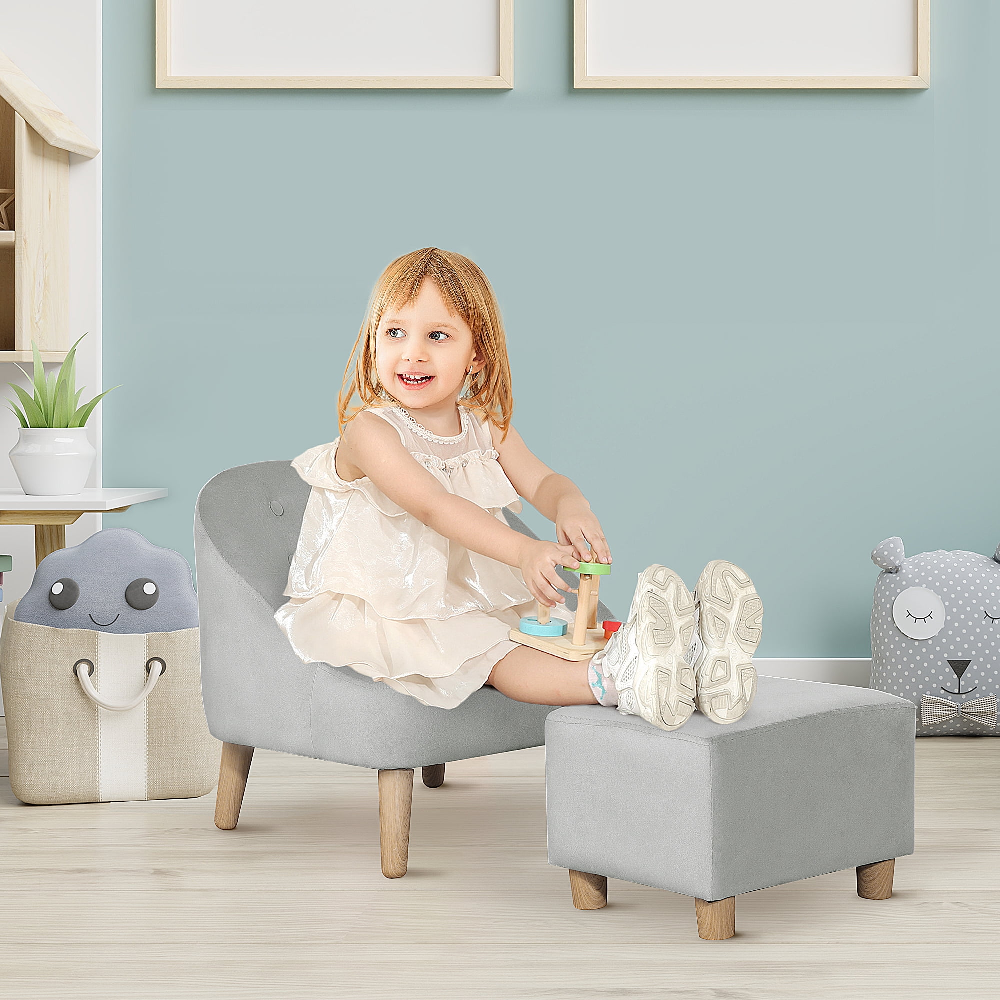 Gray Velvet Kids Sofa Chair and Ottoman Set with Wood Legs